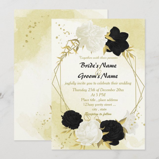 Invitation fleurs blanches noires or feuille mariage (Devant / Derrière)