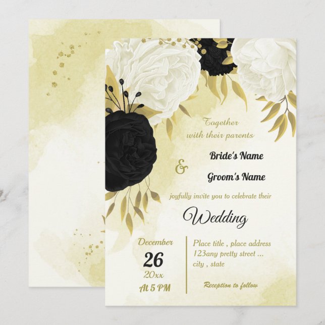 Invitation fleurs blanches noires or feuille mariage (Devant / Derrière)