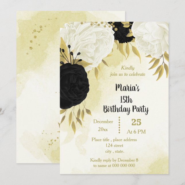 Invitation fleurs blanches noires or feuilles anniversaire (Devant / Derrière)