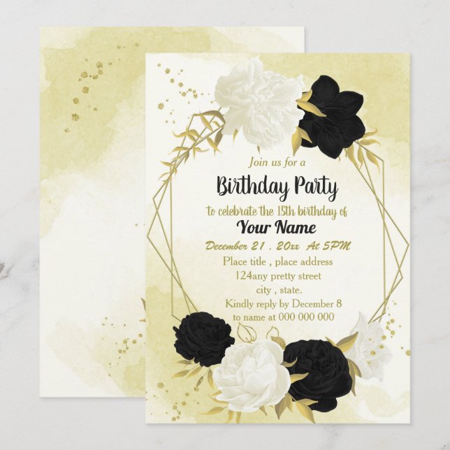 Invitation fleurs blanches noires or feuilles anniversaire (Devant / Derrière)