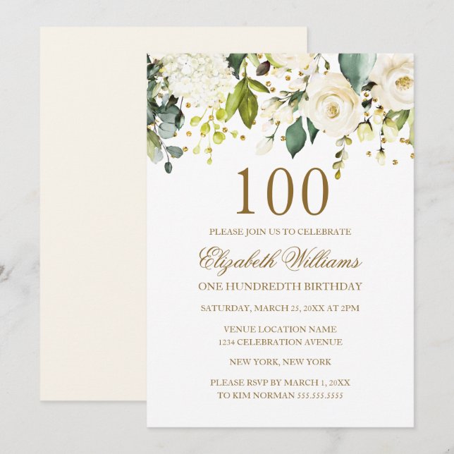 Invitation Fleurs Blanches Or Confettis 100e Anniversaire (Devant / Derrière)