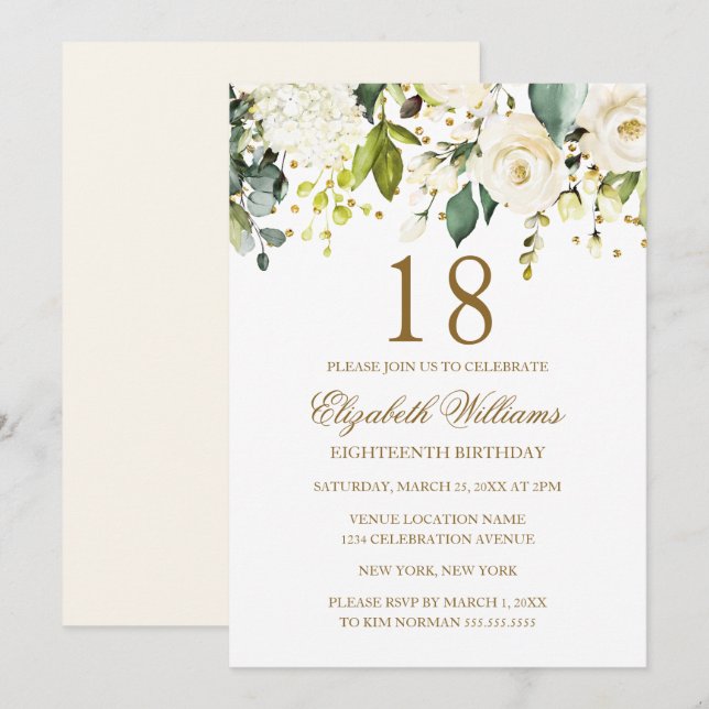 Invitation Fleurs Blanches Or Confettis 18ème Anniversaire (Devant / Derrière)