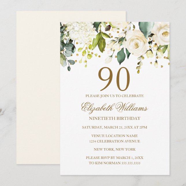 Invitation Fleurs Blanches Or Confettis 90e Anniversaire (Devant / Derrière)