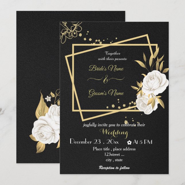 Invitation fleurs blanches or géométrique noir mariage (Devant / Derrière)