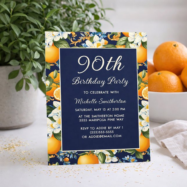 Invitation Fleurs blanches oranges Bleu marine 90e anniversai (Oranges on navy blue 90th birthday invitation)