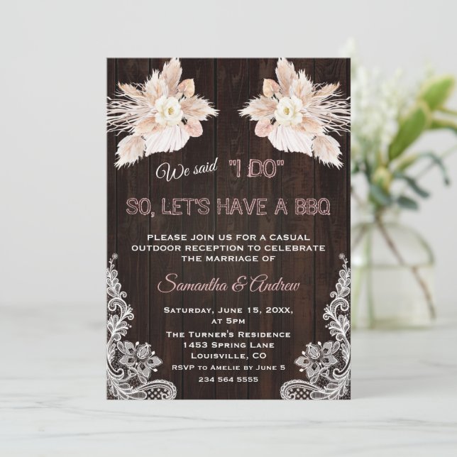 Invitation Fleurs blanches Pampas Dentelle en laiton I DO BBQ (Debout devant)