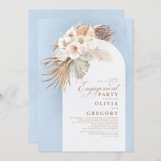 Invitation Fleurs blanches Pampas Grass Boho Party (Devant / Derrière)