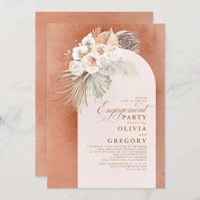 Invitation Fleurs blanches Pampas Grass Boho Party (Devant / Derrière)