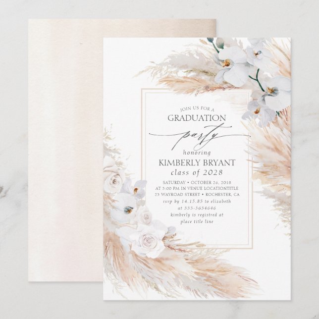 Invitation Fleurs blanches Pampas Grass Southern Graduation (Devant / Derrière)