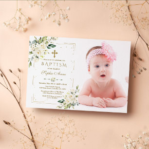 Invitation Fleurs blanches Parties scintillant d'or Cadre pho