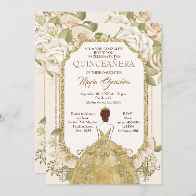 Invitation Fleurs blanches Quinceanera or Mexicaine Anniversa (Devant / Derrière)