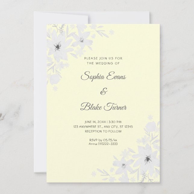 Invitation Fleurs blanches romantiques Floral Jaune Mariage (Devant)