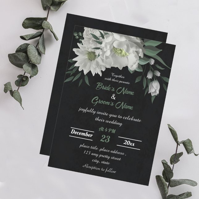 Invitation fleurs blanches romantiques mariage noir botanique (Créateur téléchargé)