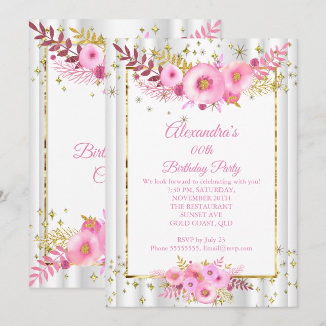 Invitation Fleurs blanches rose léger doré Fête d'anniversair (Devant / Derrière)