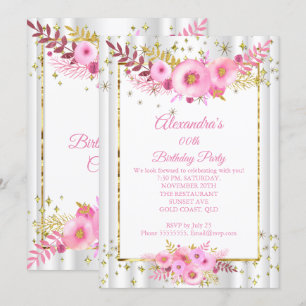 Invitation Fleurs blanches rose léger doré Fête d'anniversair
