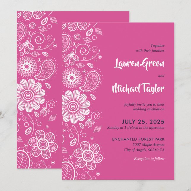 Invitation Fleurs blanches rose Paisley Floral Motif (Devant / Derrière)