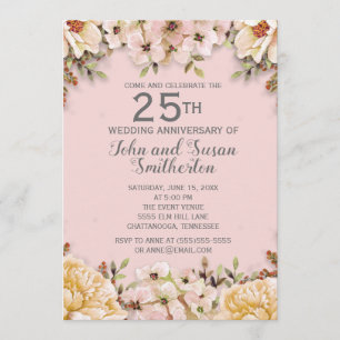 Invitation Fleurs blanches roses 25e anniversaire de mariage