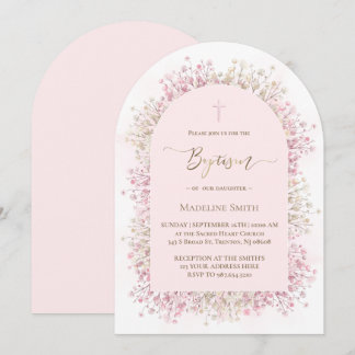 Invitation fleurs blanches roses aquarelle Baptême