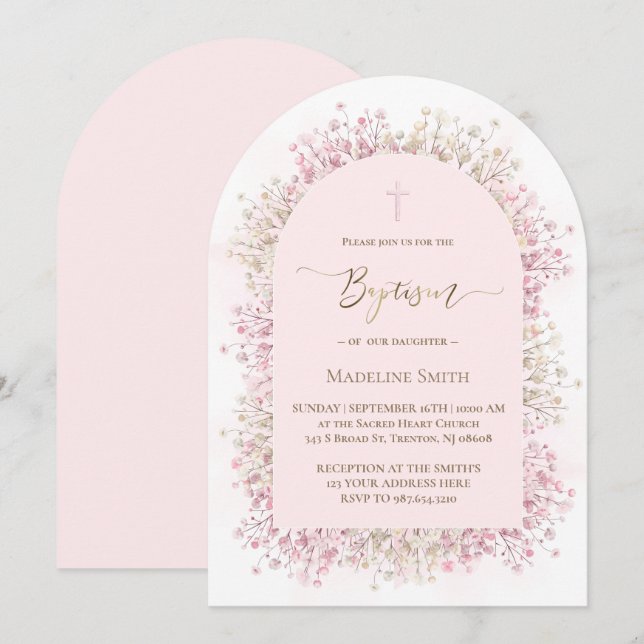 Invitation fleurs blanches roses aquarelle Baptême (Devant / Derrière)