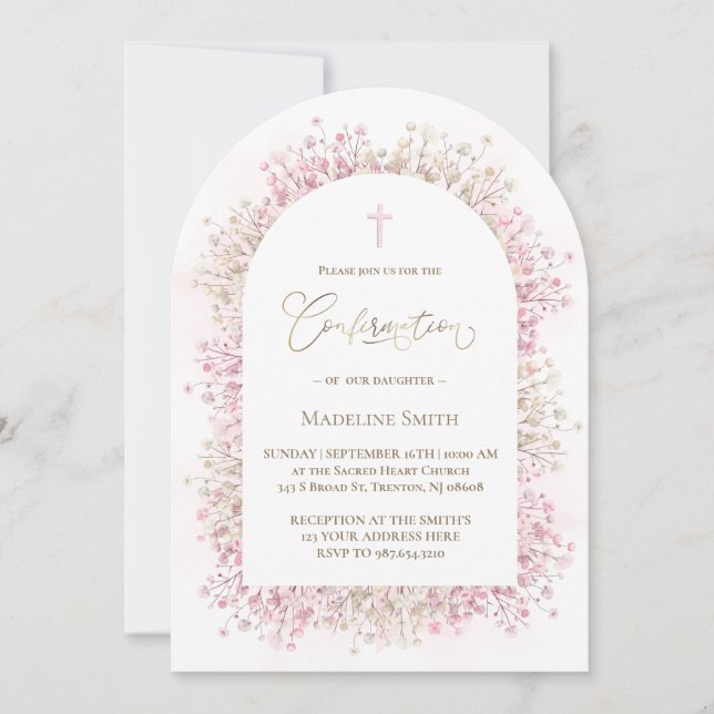 Invitation fleurs blanches roses aquarelle Confirmation (Devant)