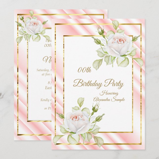 Invitation Fleurs blanches roses douces Fête d'anniversaire e (Devant / Derrière)