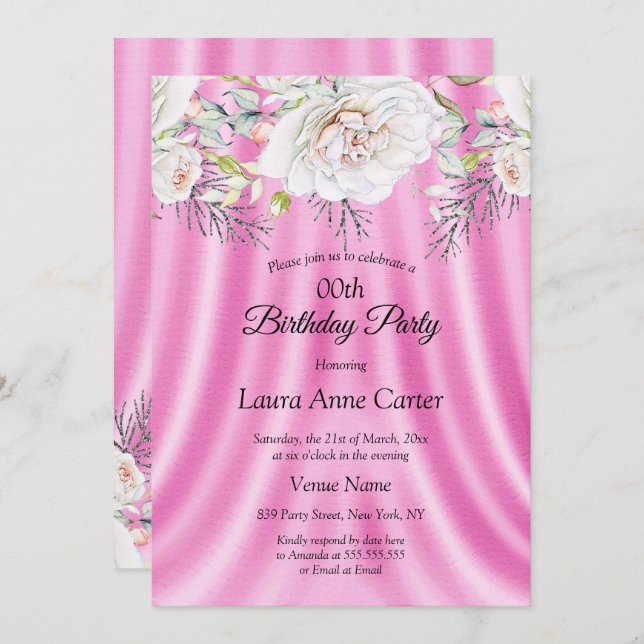 Invitation Fleurs blanches roses Fleurs florales fête d'anniv (Devant / Derrière)