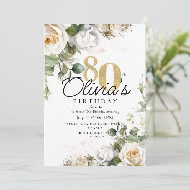 Invitation Fleurs blanches Roses & Or 80e Anniversaire (Debout devant)