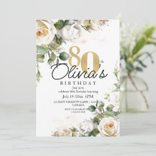 Invitation Fleurs blanches Roses & Or 80e Anniversaire