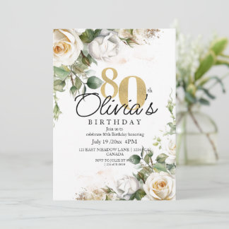 Invitation Fleurs blanches Roses & Or 80e Anniversaire
