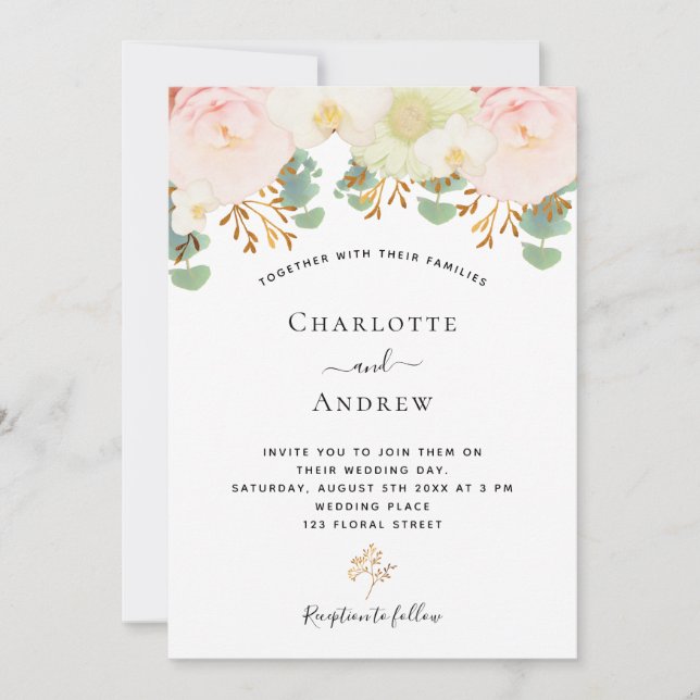 Invitation Fleurs blanches roses or vert mariage (Devant)