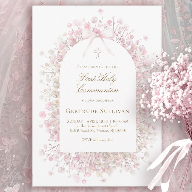 Invitation fleurs blanches roses | Première Sainte Communion (Créateur téléchargé)