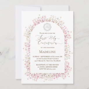 Invitation fleurs blanches roses Première Sainte Communion
