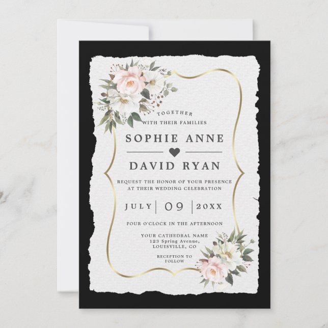 Invitation Fleurs blanches roses uniques Mariage or  (Devant)