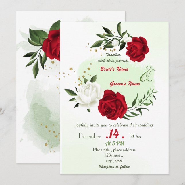 Invitation fleurs blanches rouges mariage (Devant / Derrière)