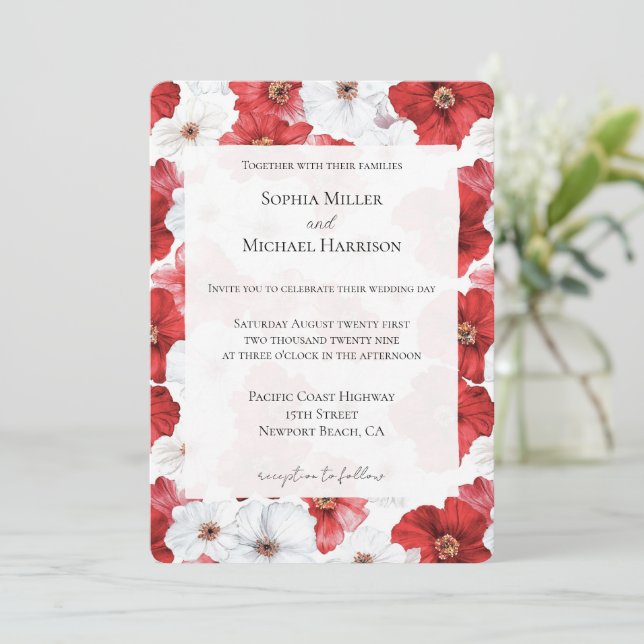 Invitation Fleurs blanches rouges Mariage floral (Debout devant)