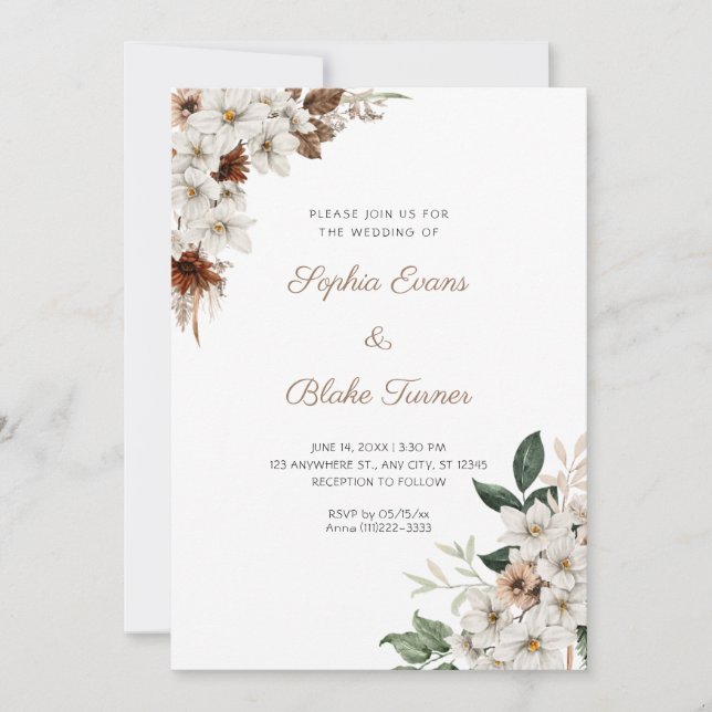 Invitation Fleurs blanches rustiques Bohème Mariage blanc (Devant)