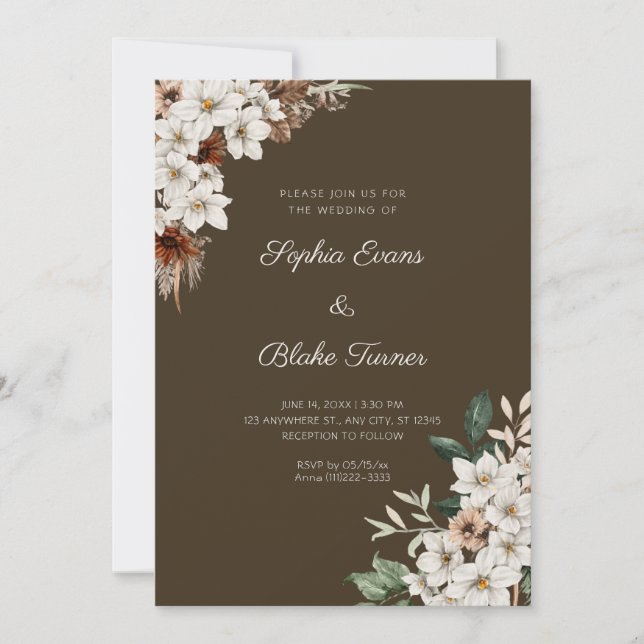 Invitation Fleurs blanches rustiques Boho bois brun mariage (Devant)
