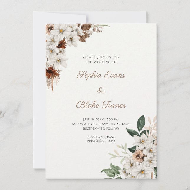 Invitation Fleurs blanches rustiques Boho Mariage blanc cassé (Devant)
