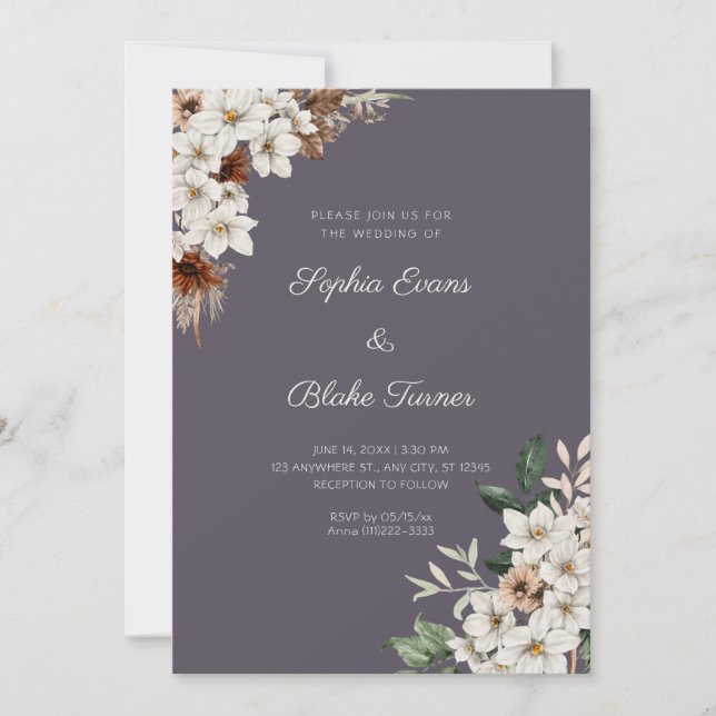 Invitation Fleurs blanches rustiques Mariage bohème gris fumé (Devant)