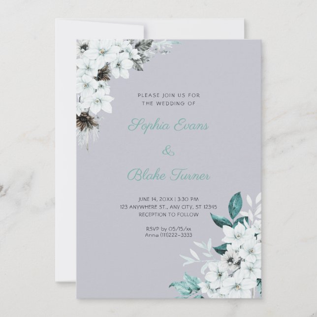 Invitation Fleurs Blanches Rustiques Mariage Bohème Gris Nuag (Devant)