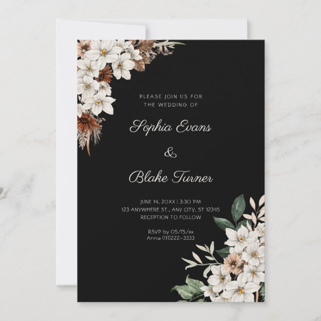 Invitation Fleurs blanches rustiques Mariage bohème noir (Devant)