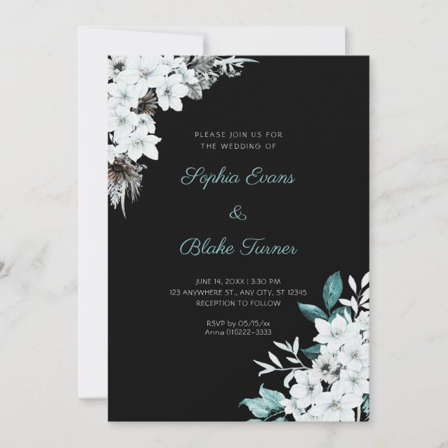 Invitation Fleurs Blanches Rustiques Mariage Bohème Noir (Devant)