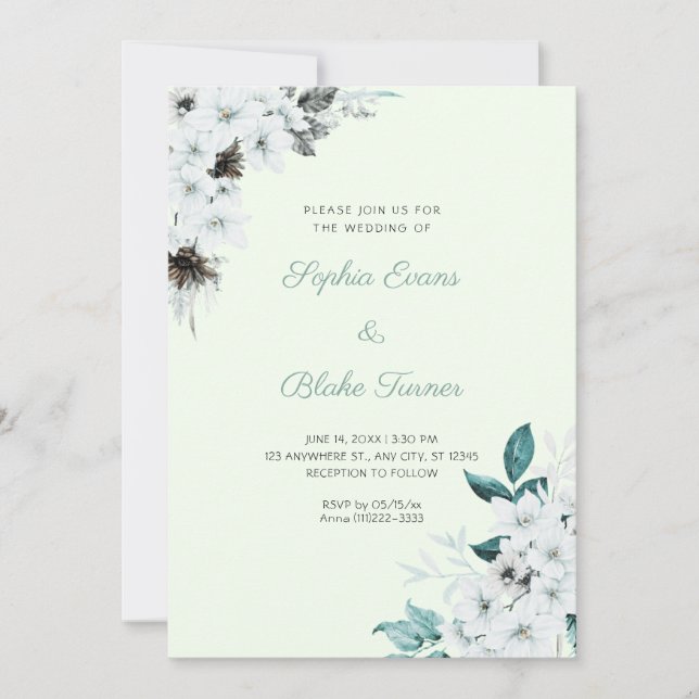 Invitation Fleurs Blanches Rustiques Mariage Bohème Vert Clai (Devant)