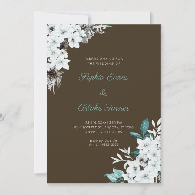 Invitation Fleurs Blanches Rustiques Mariage Bois Brun Bohème (Devant)