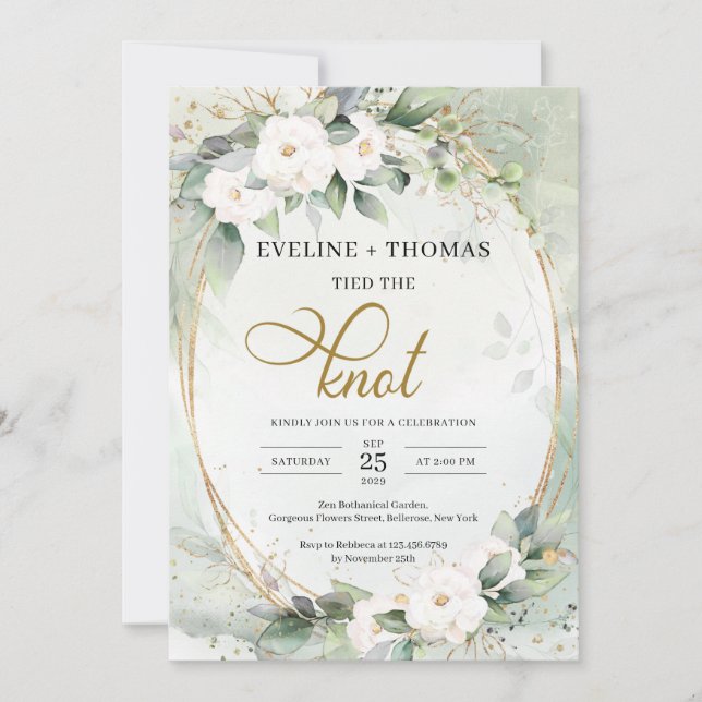 Invitation Fleurs blanches rustiques vert eucalyptus or oval (Devant)