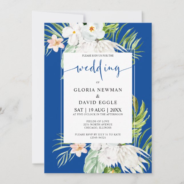 Invitation Fleurs blanches sur fond bleu Mariage   (Devant)