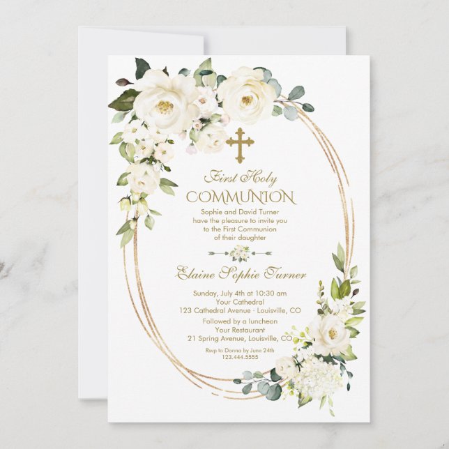 Invitation Fleurs blanches uniques Or Première Communion sain (Devant)