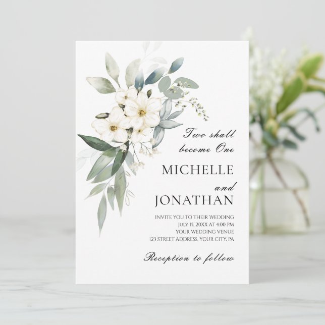 Invitation Fleurs blanches Verdure Bible chrétienne Mariage (Debout devant)