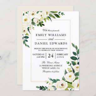 Invitation Fleurs Blanches Verdure Moderne Avec Mariage Cadre