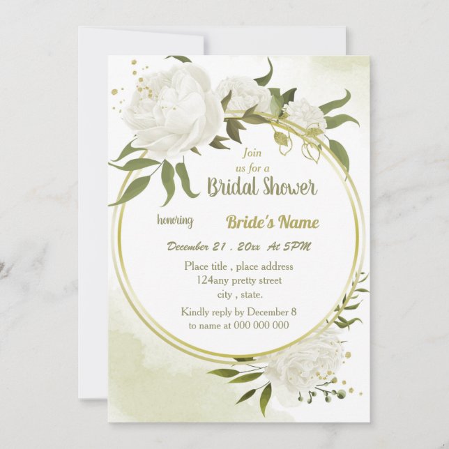 Invitation fleurs blanches verdure or couronne douche nuptial (Devant)